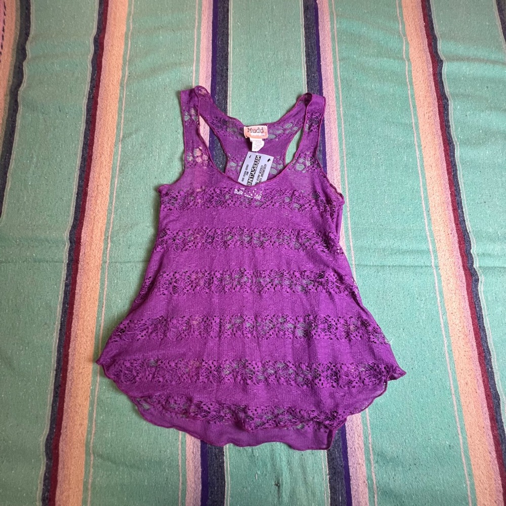 Mudd Lace Tank Top Womens XS Purple Racerback Y2K Sheer Floral Boho Grunge